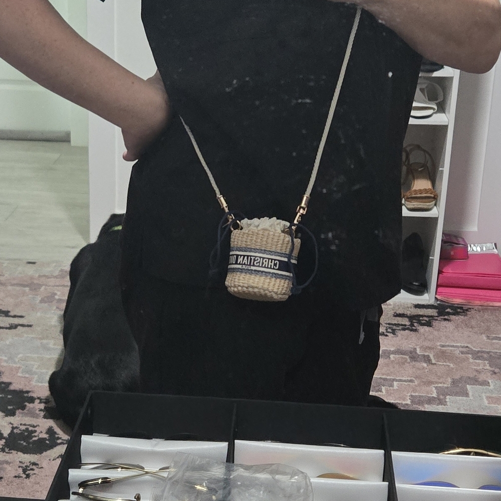 Dior Straw Bucket Crossbody Bag with Navy Logo Band and Gold Hardware - Picture 9 of 10